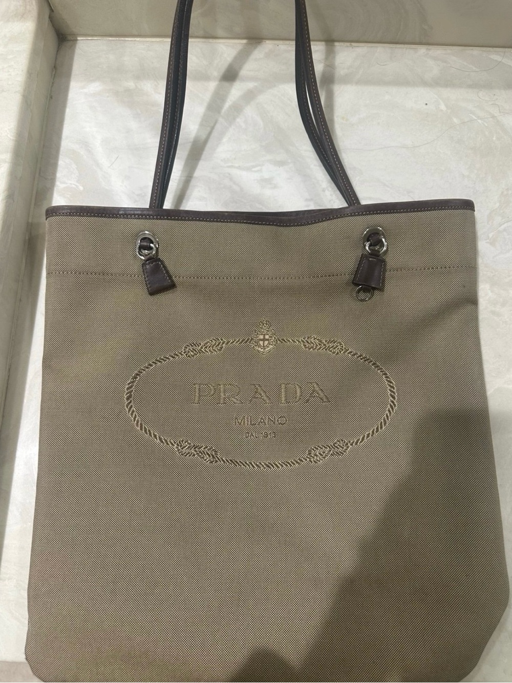 Prada Beige Canvas Tote with Brown Leather Trim